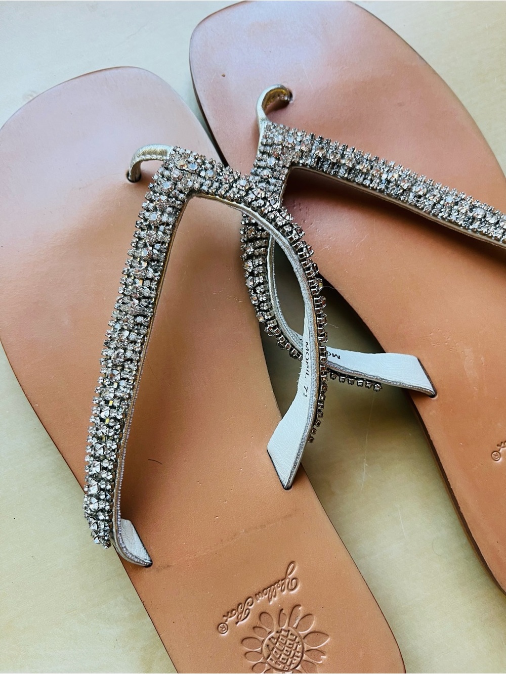 Yellow Box Crystal Embellished Leather Mobil Silver Tan Flip Flops Size 7.5 NWOT